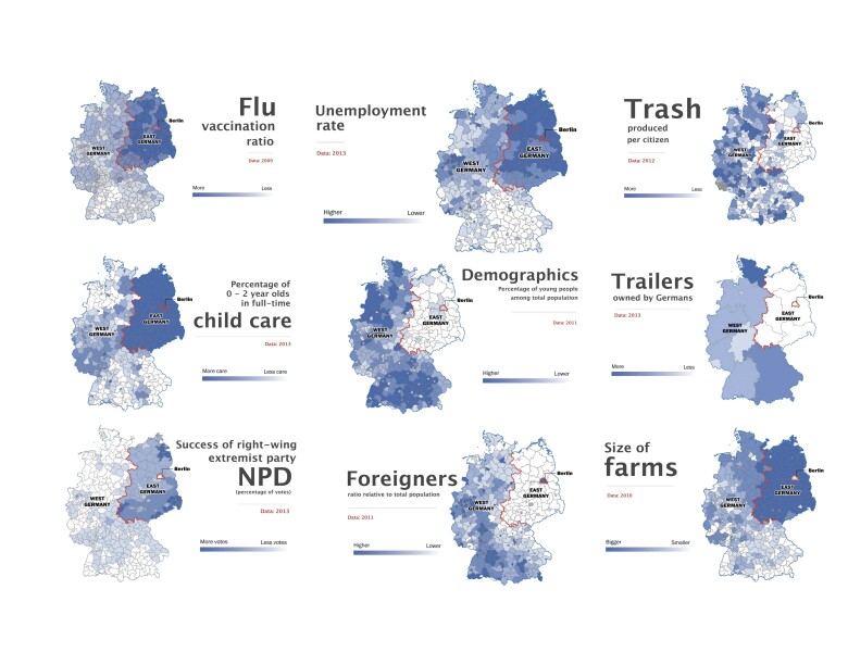 E316 - Maps Detailing the Contemporary Divisions between the Eastern and Western parts of Germany - Rick Noack - 2014, data gathered between 2009 and 2013. (Bradley St. Laurent)