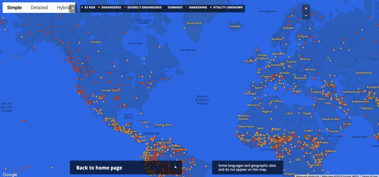 E316 - Endangered Languages Project Map, Screenshot from 1/25/23 (Leo Marburg)