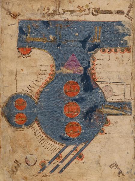 Late 12th-century Islamic Map of the Mediterranean Belonging to Frederick II from al-Istakhri’s Kitāb al-Masālik wa al-Mamālik (Book of Routes and Realms) abbreviated to KMMS. Courtesy: Leiden University Libraries.&nbsp;Codex Or. 3101, fol. 33. 589 AH / 1193 CE. Gouache and ink on paper. 34 × 26 cm.