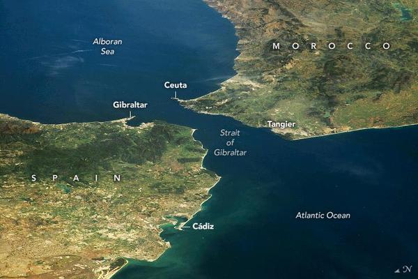 NASA photography showing the location of Gibralter and Ceuta in relation to the Straits of Gibralter